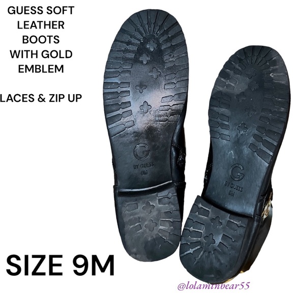 GUESS BRAND SOFT LEATHER ANKLE BOOTS-SIZE 9M-GOLD EMBLEM ON SIDES-ZIP UP AND TIE - Picture 13 of 16